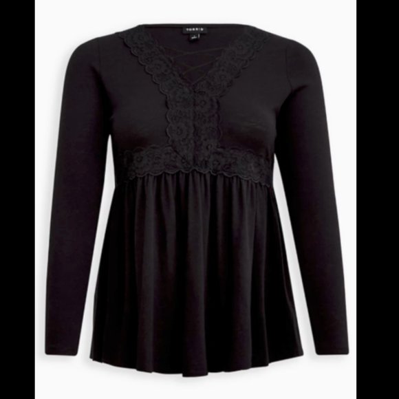 Torrid Plus Size 1X Black Lace Trimmed Long Sleeve Top - Picture 2 of 5
